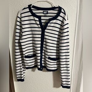 Lands' End Women's Navy and White Striped Cardigan